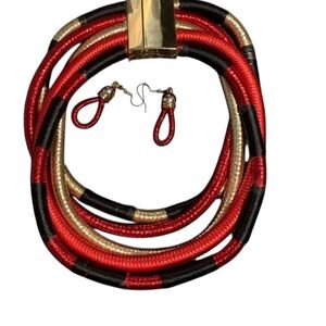 Red and Gold Statement Necklace with Earrings